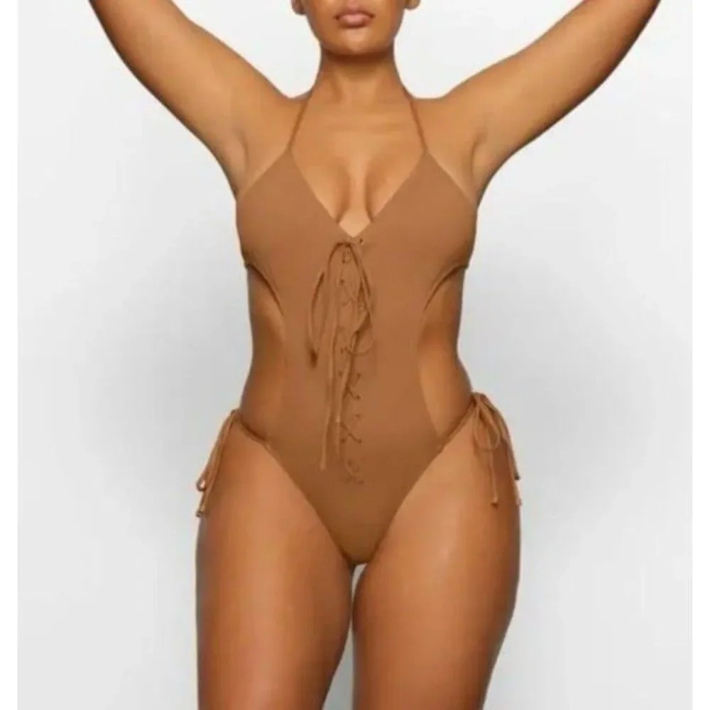 Skims Signature Swim Lace Up Monokini Almond XXS